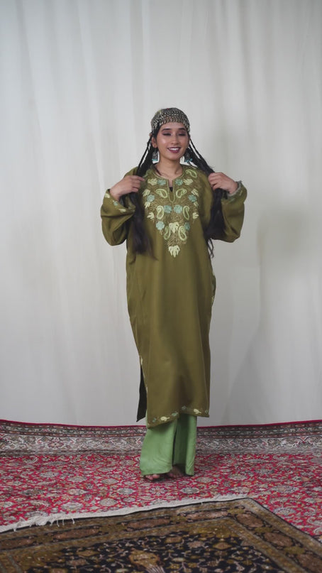 Kashmiri Paisley Aari Work Phiran - Olive