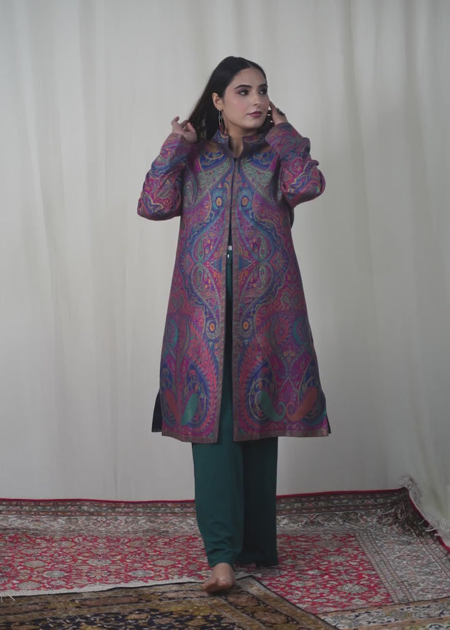Kashmiri Kani With Zari Embroidery Jacket - Designer Blue Zari | Silk Long