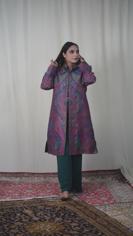 Kashmiri Kani With Zari Embroidery Jacket - Designer Blue Zari | Silk Long