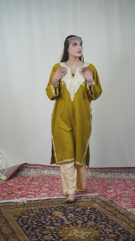 Kashmiri White Aari Work Phiran - Mustard