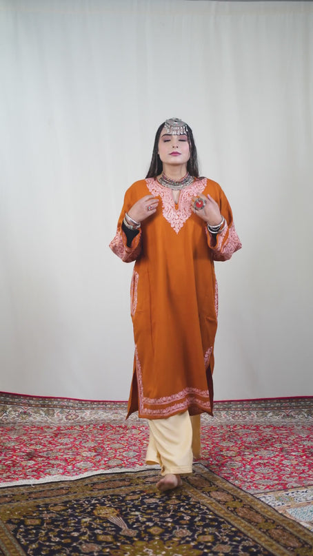 Kashmiri White Aari Work Phiran - Rust