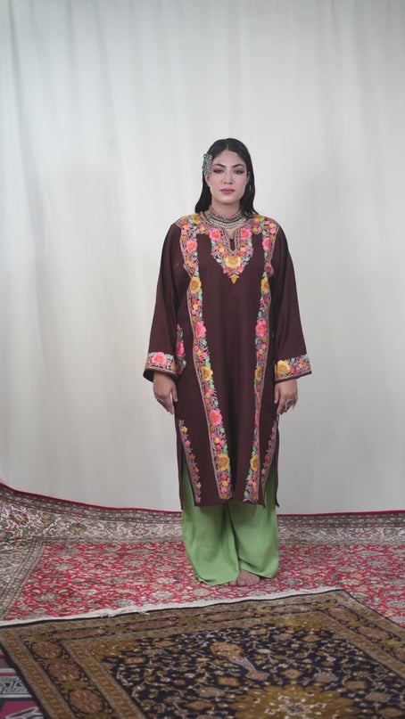 Kashmiri Aari Work Phiran - Brown