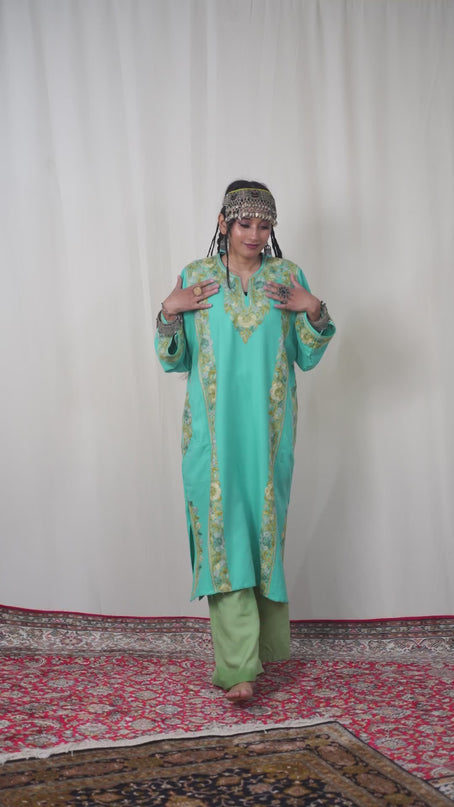 Kashmiri Aari Work Phiran - Turquoise