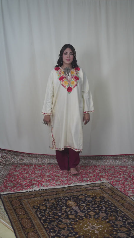 Kashmiri Floral Aari Work Phiran - White