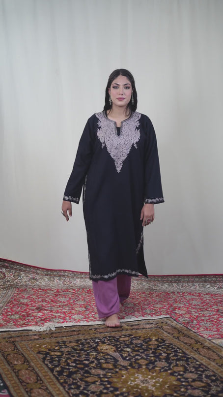 Kashmiri Pastel Aari Work Phiran - Black | Rezkaar